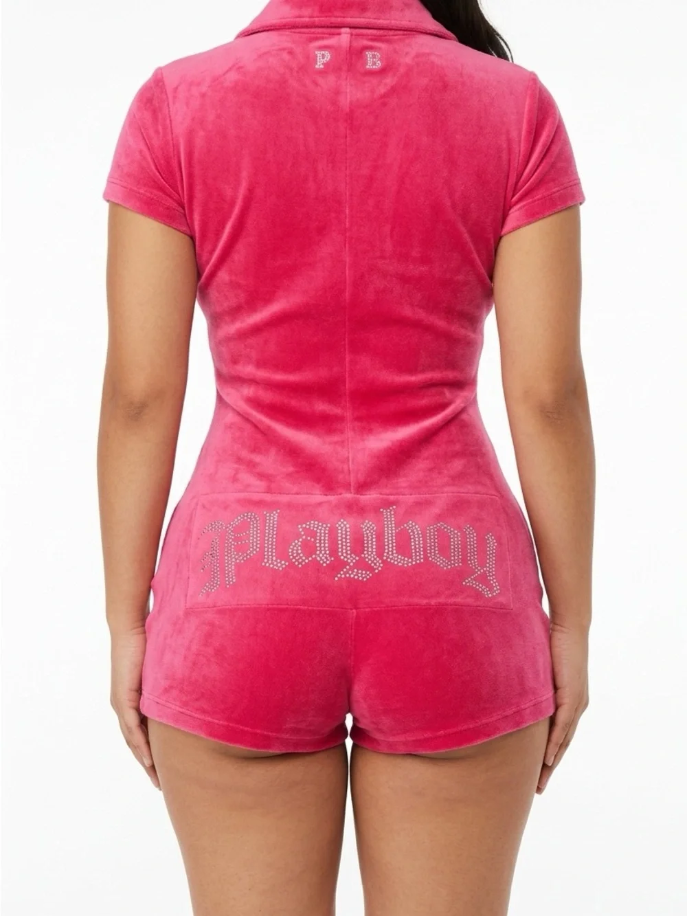 PLAYBOY Hot Pink Velour Zip-Front Romper - Picture 3 of 3